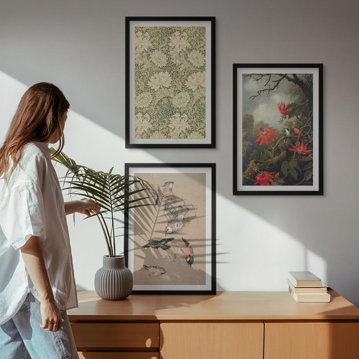 BILDER SET 3er Set - 40x60 cm Schwarzer Rahmen - Blumen, Vögel, Natur - Schwarz, Kunststoff (40/60cm) - TULUP