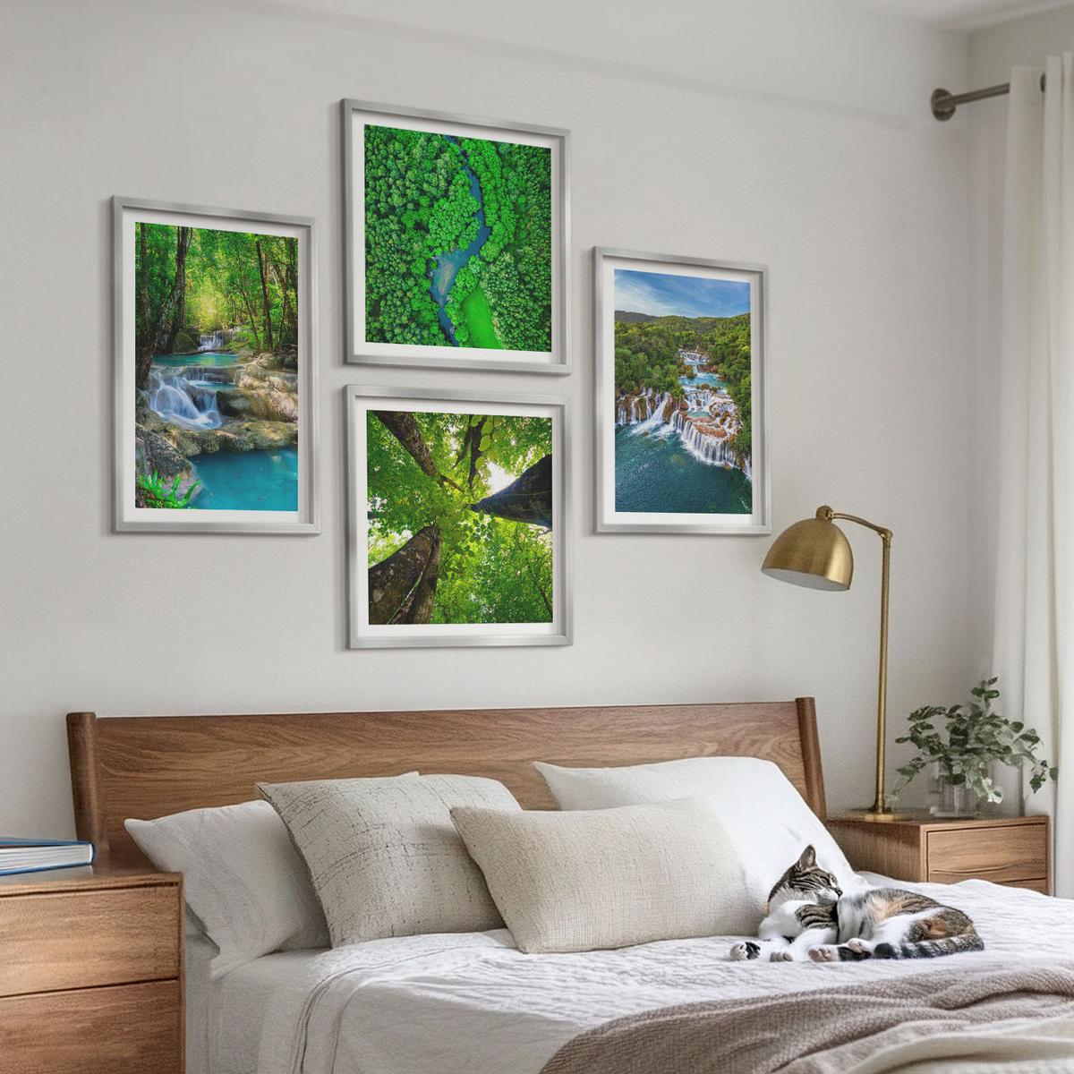 BILDER SET 4er Set - 50x50 cm & 40x60 cm Silberner Rahmen - Wasserfälle grüner Wald Wasser - Silberfarben, Kunststoff (50/50cm) - TULUP