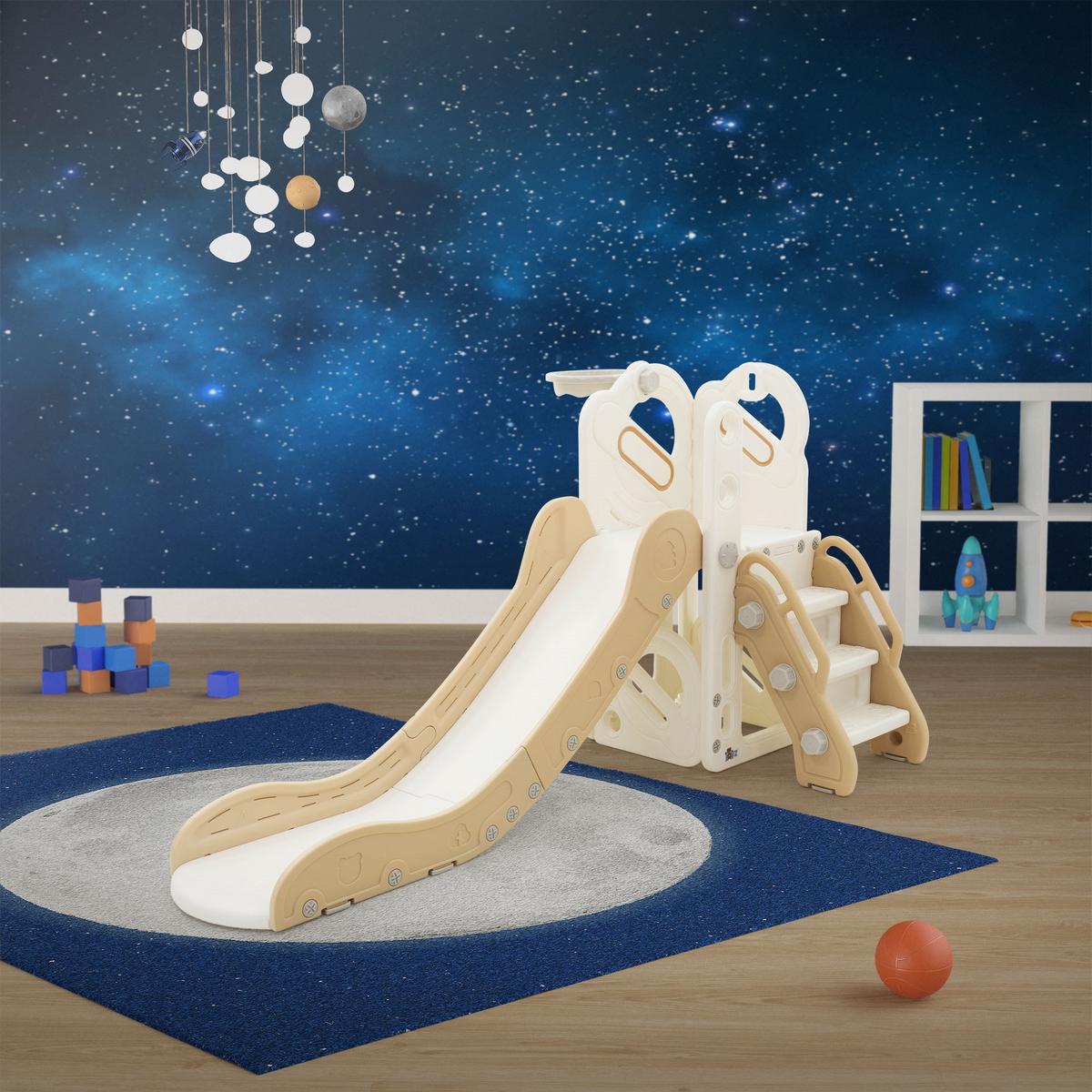 KINDERRUTSCHE 3 in 1 Kleinkinderrutsche mit Turm und Basketballkorb Weiß-Beige - Beige, Kunststoff (91/85.5/153cm) - Joyz
