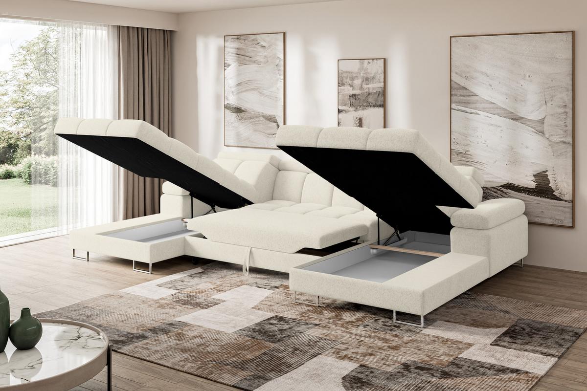 WOHNLANDSCHAFT mit Schlaffunktion und Bettkasten COMA U2 345x203x79 Creme Velours - Creme, Holzwerkstoff/Textil (345/79/203cm) - ALTDECOR