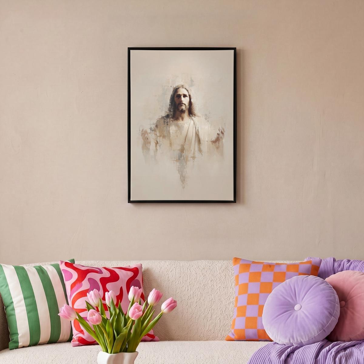 LEINWAND Bilder mit Rahmen - Porträt - Abstrakt - Jesus - Beige - 40x60 - Beige, Textil (40/60cm) - MuchoWow