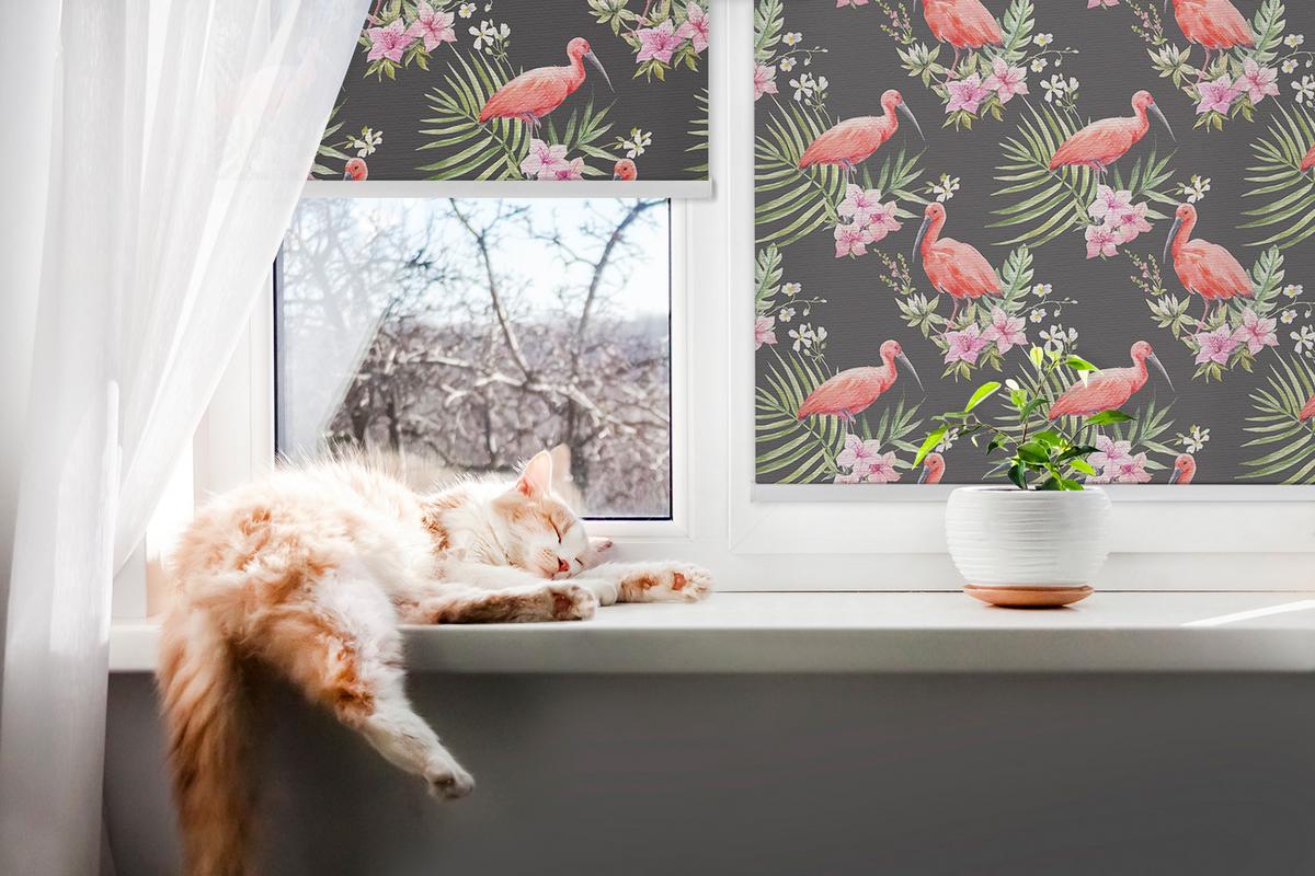 INNENROLLO - Fensterrollo - Rollo - 100x180 cm - Flamingos auf Pflanzen - Pink, Kunststoff (100/180/0.5cm) - TULUP