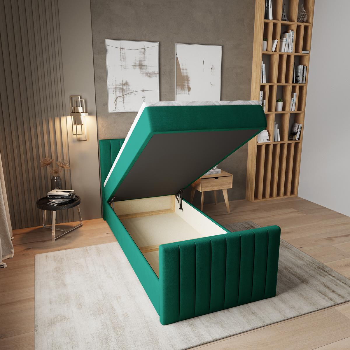 BOXBETT ARION 100 100x200 cm mit Matratze und Topper, H2+H3 - Grün - Grün, Holz (100/200cm) - MASSENO