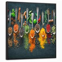 LEINWAND Bilder mit Rahmen - Kräuter - Gewürze - Löffel - 90x90 - Currygelb, Textil (90/90cm) - MuchoWow