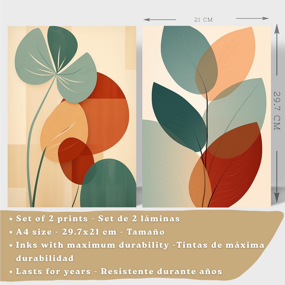 POSTER 2er-Set Wandbilder Blätter Pflanzen modern Wohnzimmer Deko, Schlafzimmer, Küche, Badezimmer Schwarzer Rahmen A4 - Schwarz, Papier (29.7/1/21cm) - Nacnic