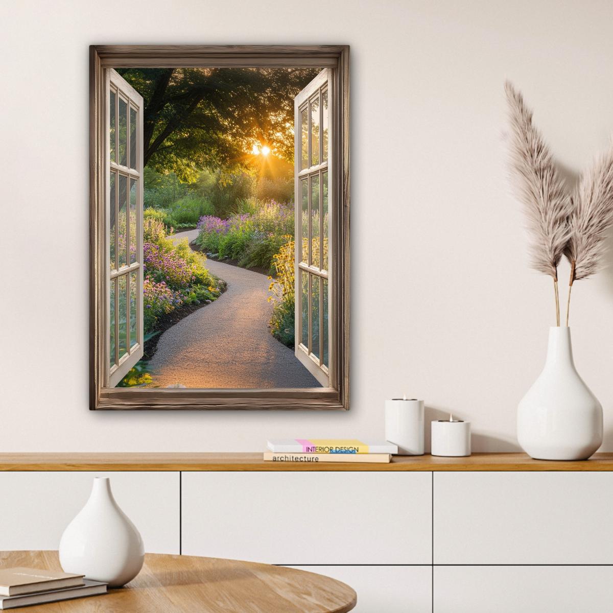 LEINWANDBILD Aussicht - Blumen - Natur - Sonne - Weg Wandbild Wohnzimmer 60x80 cm - Hellgelb, Textil (60/80cm) - MuchoWow