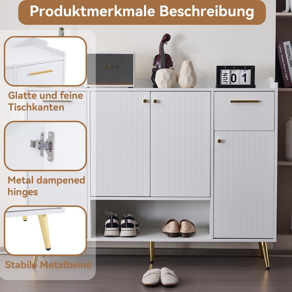 SCHUHREGAL 130 cm Weiß mit 2 Schubladen, 4 Türen & Metallfüßen - Weiß, Holzwerkstoff (130/100/37cm) - Urban Meuble