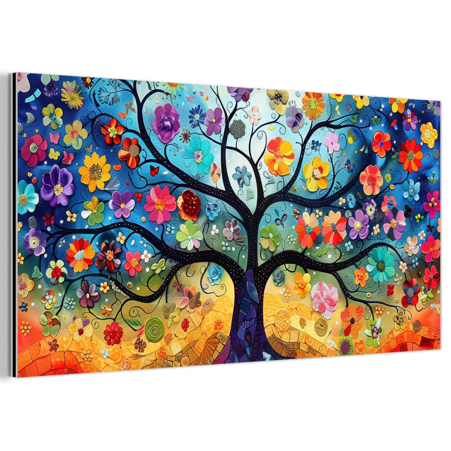 METALLBILD Kunst - Baum des Lebens - Blumen - Hippie 80x40 cm - Dunkelblau, Metall (80/40cm) - MuchoWow