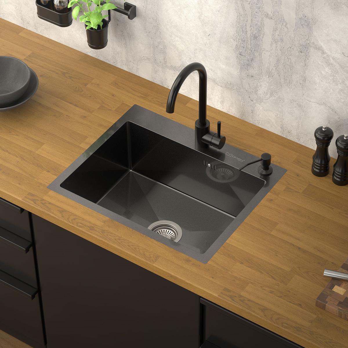 SPÜLBECKEN aus Edelstahl 55x45 cm Anthrazit mit Siphon und Seifenspender - Anthrazit, Metall (45/19/55cm) - ML-DESIGN