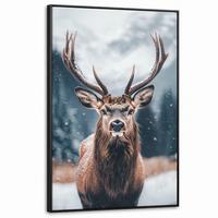 LEINWAND Bilder mit Rahmen - Hirsche - Tiere - Landschaft - Winter - Schnee - 80x120 - Kastanienfarben, Textil (80/120cm) - MuchoWow