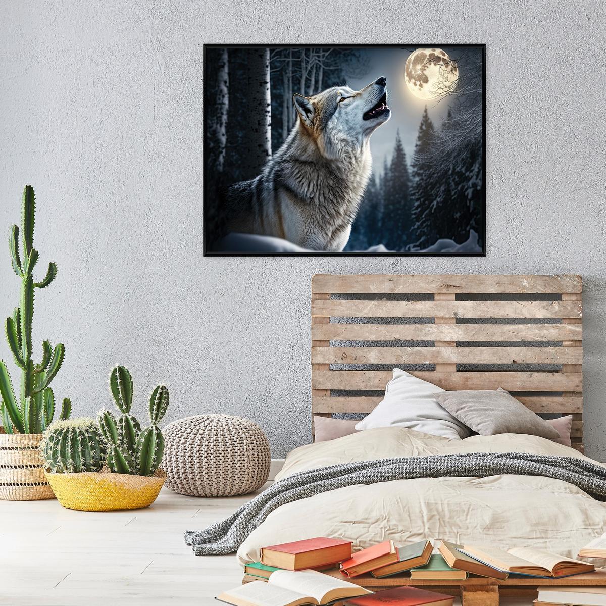 BILDER mit Rahmen Wolf Wald Schwarz 100x70 cm - Multicolor, Holzwerkstoff (100/70cm) - Wallarena