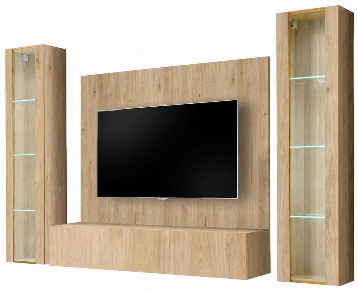 WOHNWAND Eiche Jackson 4-teilig 260 cm hängend, Schrankwand mit LED und Push-to-Open - Eichefarben, Glas/Holzwerkstoff (260/170/40cm) - Inn.Furn