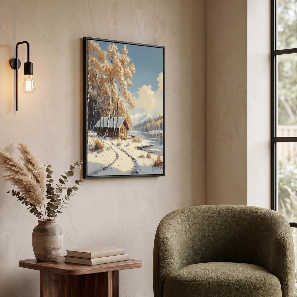 LEINWAND Bilder mit Rahmen - Winter - Schnee - Zuhause - Natur - 50x70 - Hellbraun, Textil (50/70cm) - MuchoWow