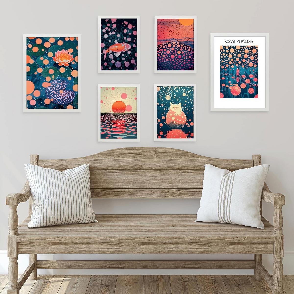 POSTER Set Mit 6 Yayoi Kusama Sonnenuntergang Wasser Blau Orange Rot Lila Farben Janapise Mit Designillustrationen Zur Der Zuhauses A3 & A4 Rahmenlos - Klar, Papier (29/3cm) - Nacnic