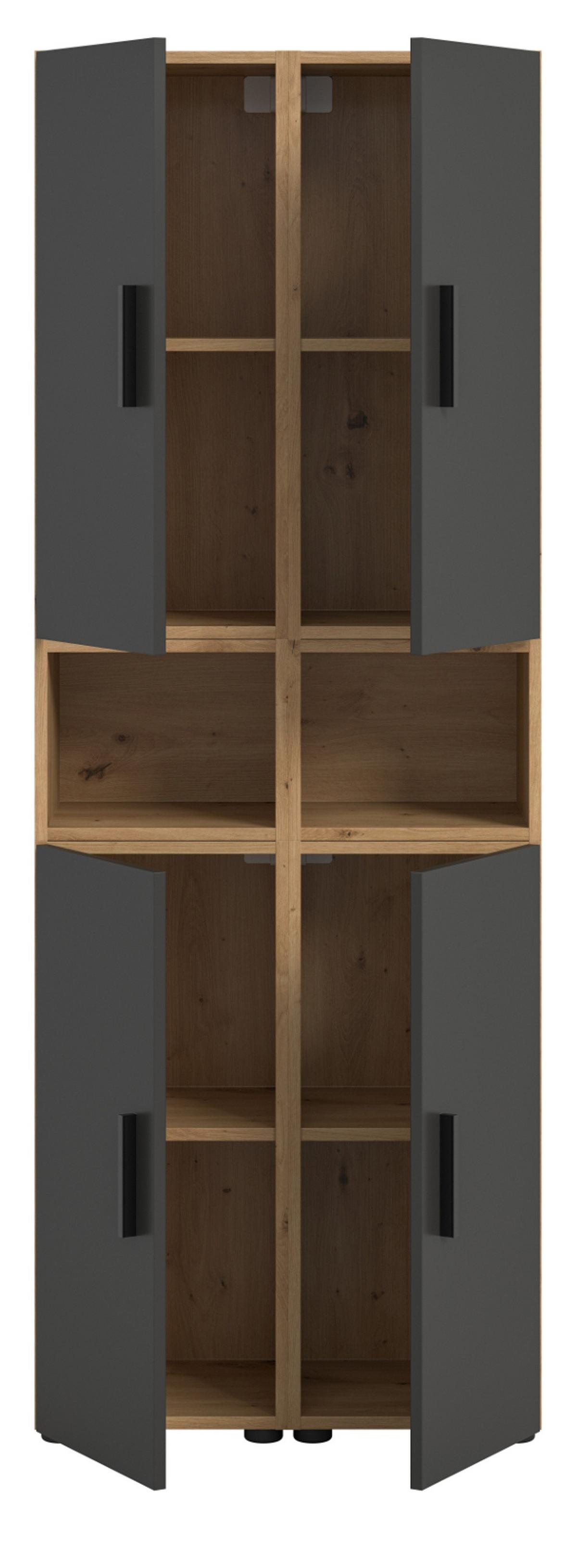 STAURAUMSCHRANK grau, Eiche Artisan 65 x 178 cm, Mehrzweckschrank mit viel Stauraum - Schwarz/Eiche Artisan, Holzwerkstoff/Kunststoff (65/178/34cm) - Inn.Furn