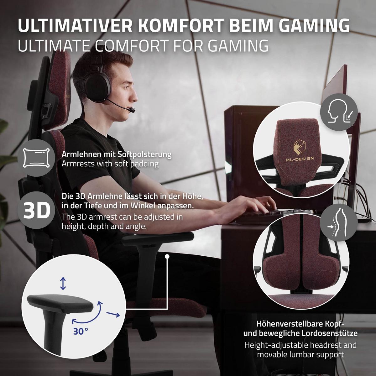 GAMINGSTUHL mit Stoffbezug in Rot Individuell Einstellbar - Rot/Schwarz, Kunststoff/Textil (69/142/68cm) - ML-DESIGN
