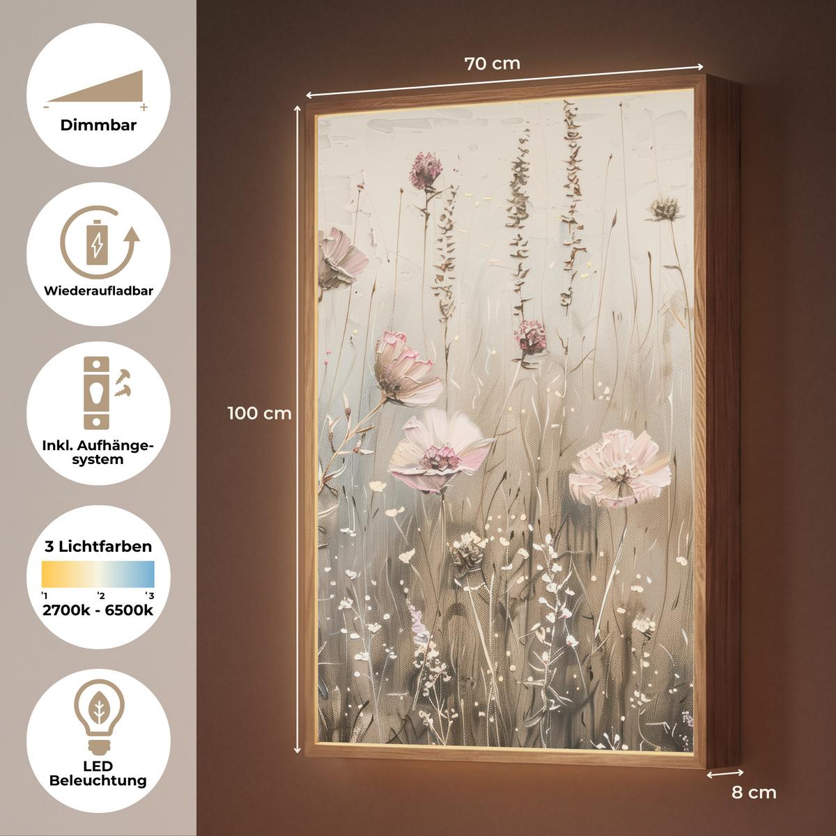 WANDLEUCHTE MIT AKKU Blumen - Rosa - Modern - Beige 70x100 cm - Altrosa, Holzwerkstoff (70/100/8cm) - OnlyWow