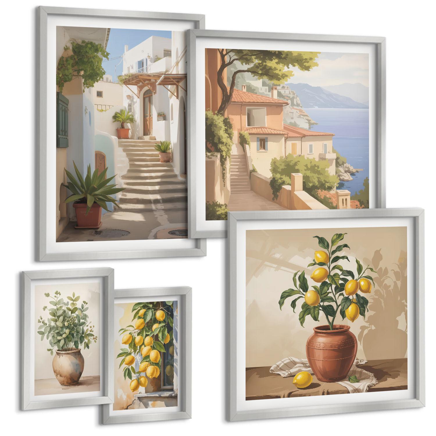 BILDER SET 5er Set - 50x50 cm & 20x30 cm & 40x60 cm Silberner Rahmen - Blumen in einer Vase, ein Meer aus Zitronen - Silberfarben, Kunststoff (40/60cm) - TULUP