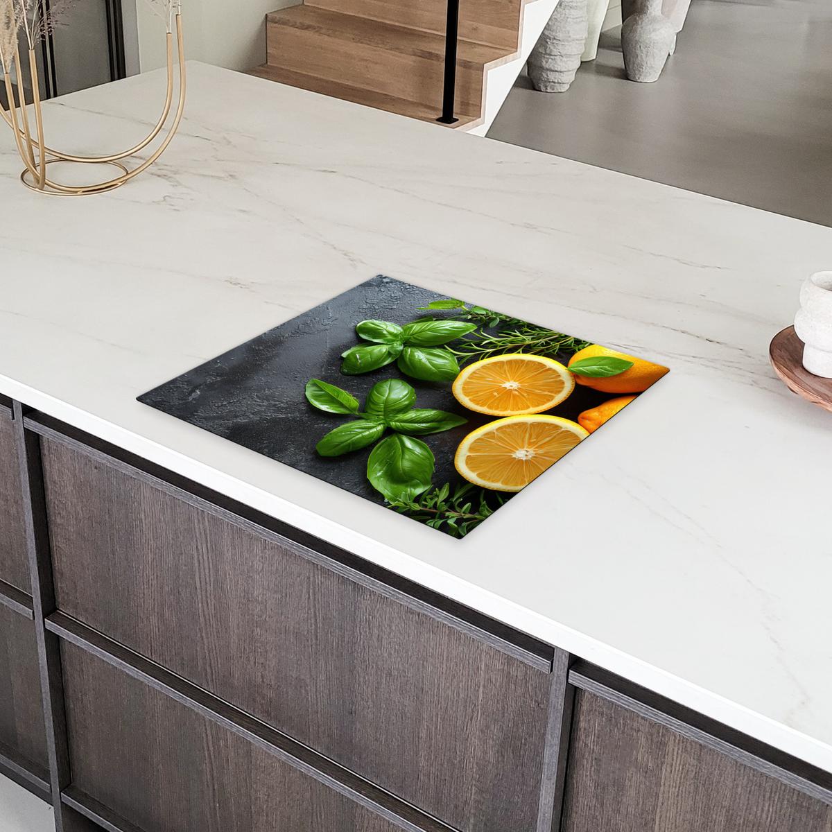 HERDABDECKPLATTE Obst - Grau - Konkret - Orange - Pflanzen Abdeckung Ceranfeld 57.6x51.6 cm - Anthrazit, Kunststoff (57.6/51.6/0.2cm) - MuchoWow