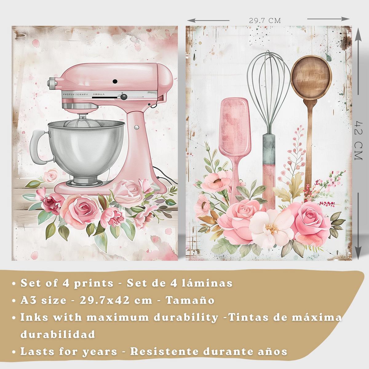 POSTER 4er Set Rosa Backkunst Wandbilder Küchenmaschine Torte Utensilien Blumen Shabby Chic Küche Deko Leichter Holzrahmen A3 - Beige, Papier (29.7/1/42cm) - Nacnic