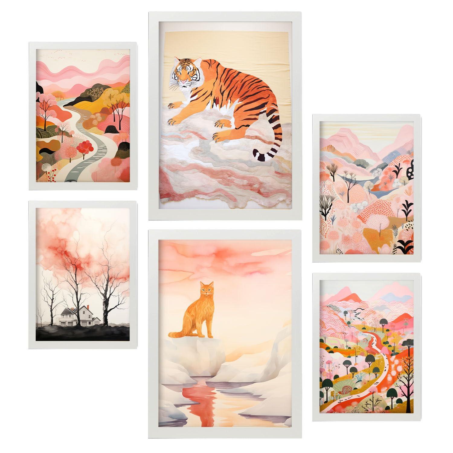POSTER Set Mit 6 Tiger & Katzen Cartoon A3 & A4 Weißer Rahmen - Weiß, Papier (29/3cm) - Nacnic