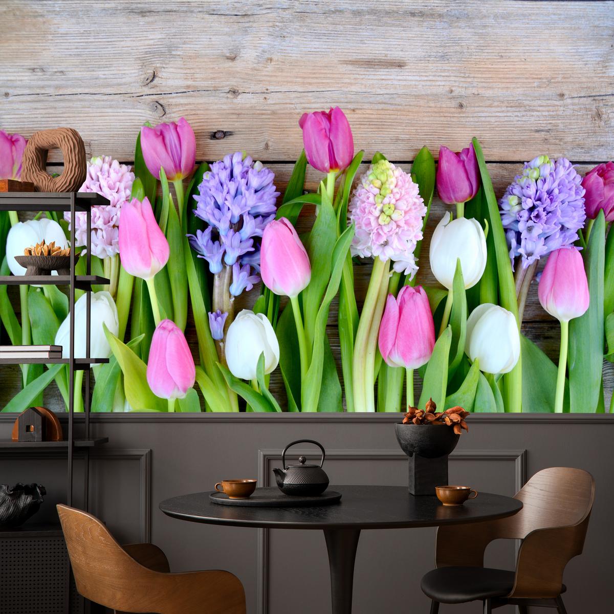 FOTOTAPETE für Küche Rosa Tulpen Violette Hyazinthen Holztisch 100x70 - Ecru/Violett, Papier (100/70cm) - Muralo
