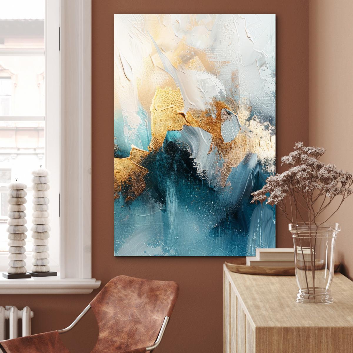 METALLBILD Abstrakt - Kunst - Gold - Blau 80x120 cm - Petrol, Metall (80/120cm) - MuchoWow