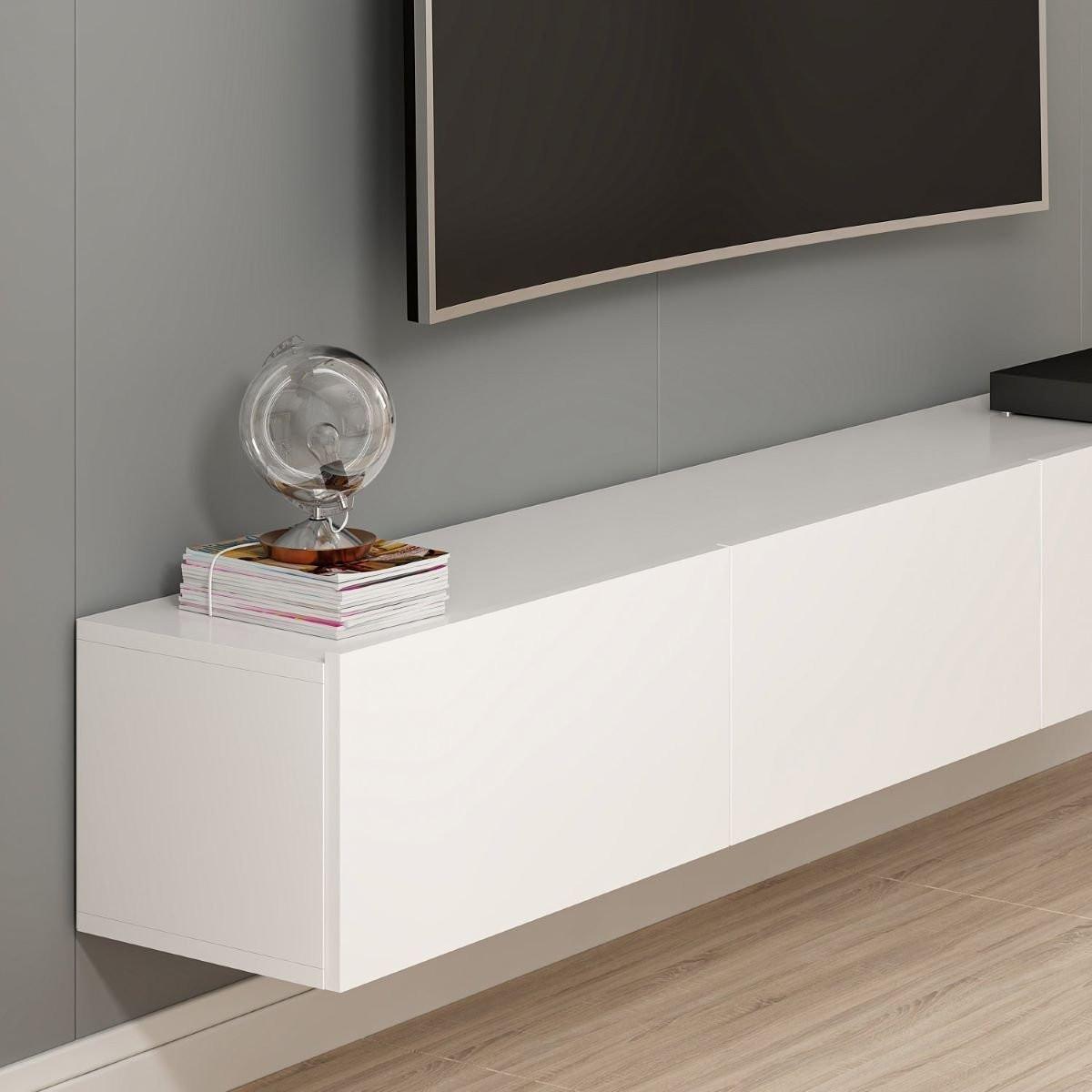 SCHWEBENDER TV-Schrank mit 3 weißen Türen, Länge 180 cm - Rigel - Weiß, Holzwerkstoff (32/30/180cm) - Calicosy
