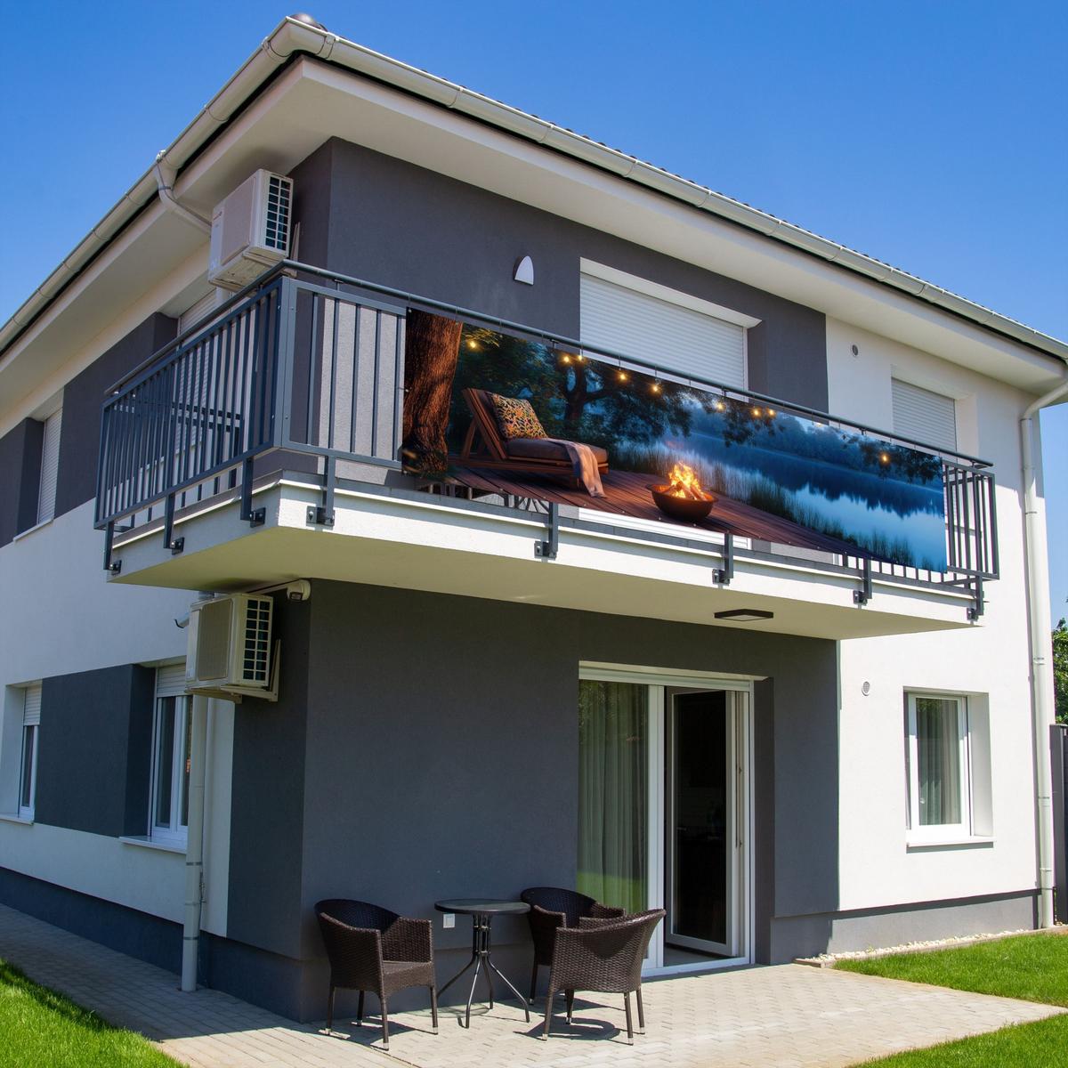 BALKON-SICHTSCHUTZ Lagerfeuer - See - Abendlicht Deko XXL 500x130 cm - Dunkelblau, Kunststoff (500/130cm) - MuchoWow
