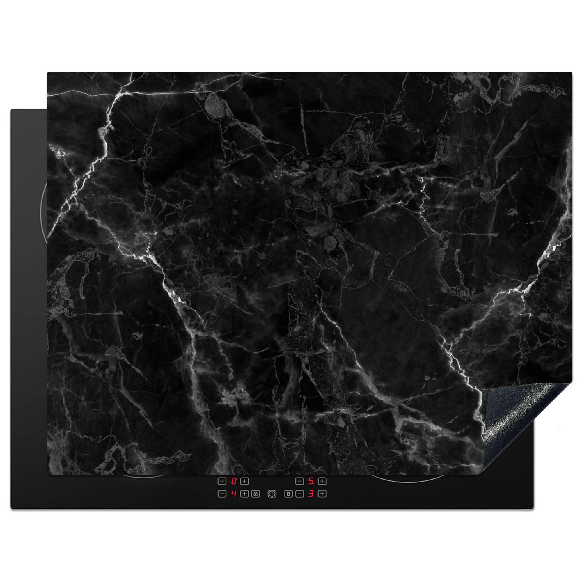 HERDABDECKPLATTE Marmor - Schwarz - Weiß - Textur - Marmoroptik Induktionsmatte 77x59 cm - Silberfarben, Kunststoff (77/59/0.2cm) - MuchoWow