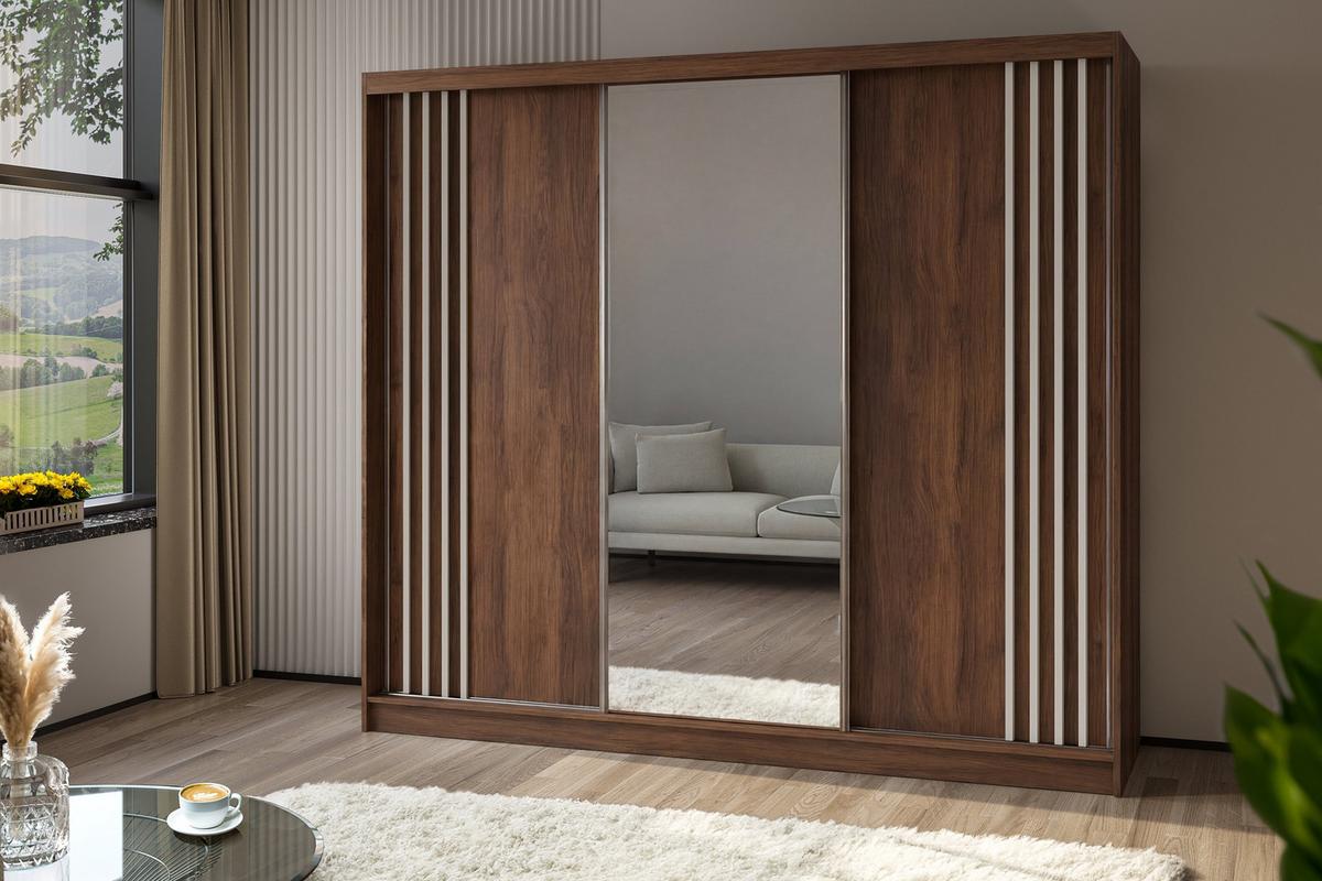 SCHWEBETÜRENSCHRANK NELVIA 240/216/61 cm Modern Kleiderschrank 3-türig mit Spiegel Nussbaumfarben - Nussbaumfarben, Holzwerkstoff (240/216/61cm) - MASSENO