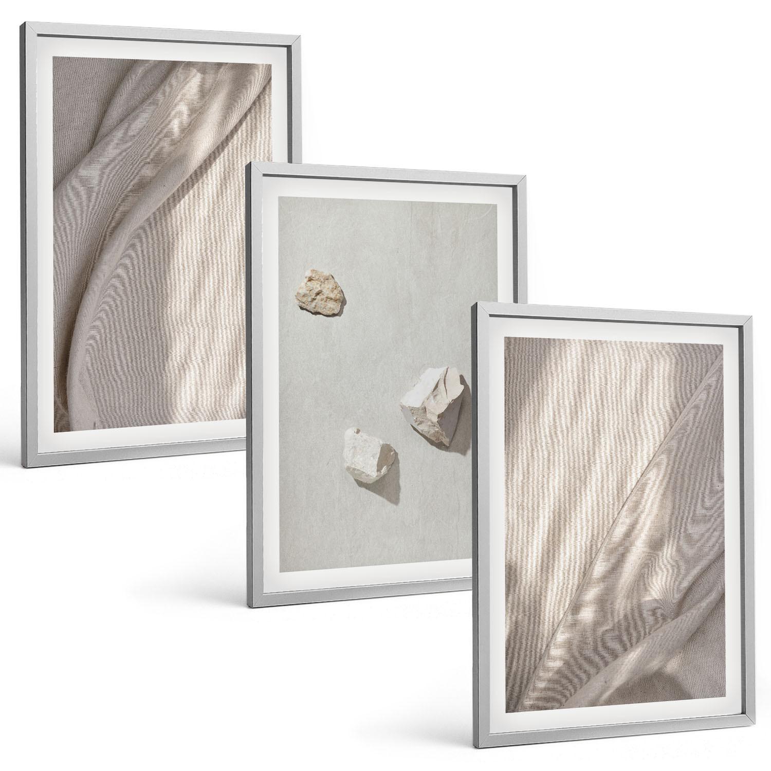 BILDER SET 3er Set - 40x60 cm Silberner Rahmen - Nahaufnahmen der Struktur im Boho-Stil - Silberfarben, Kunststoff (40/60cm) - TULUP