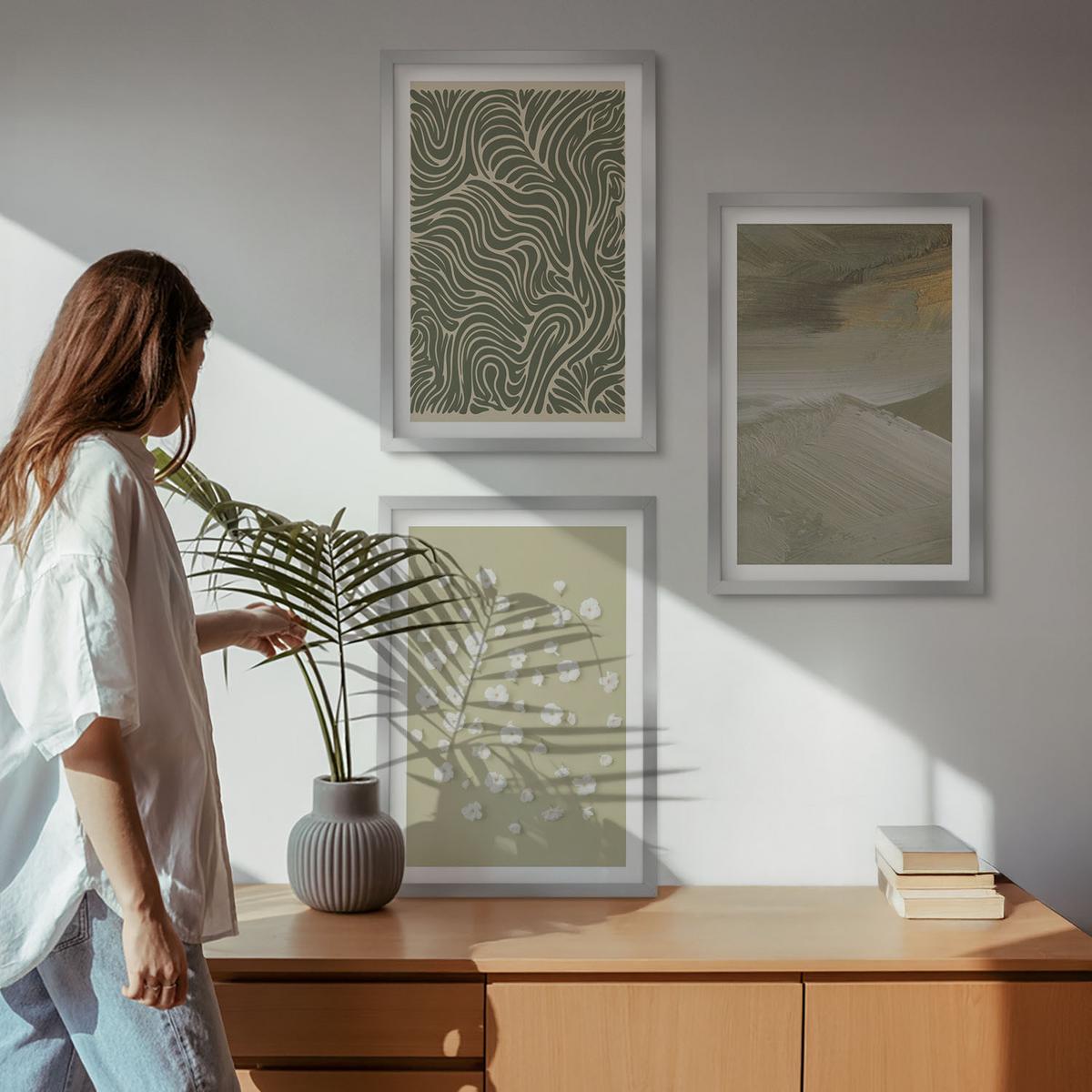 BILDER SET 3er Set - 40x60 cm Silberner Rahmen - Abstrakte florale Wellenmuster - Silberfarben, Kunststoff (40/60cm) - TULUP