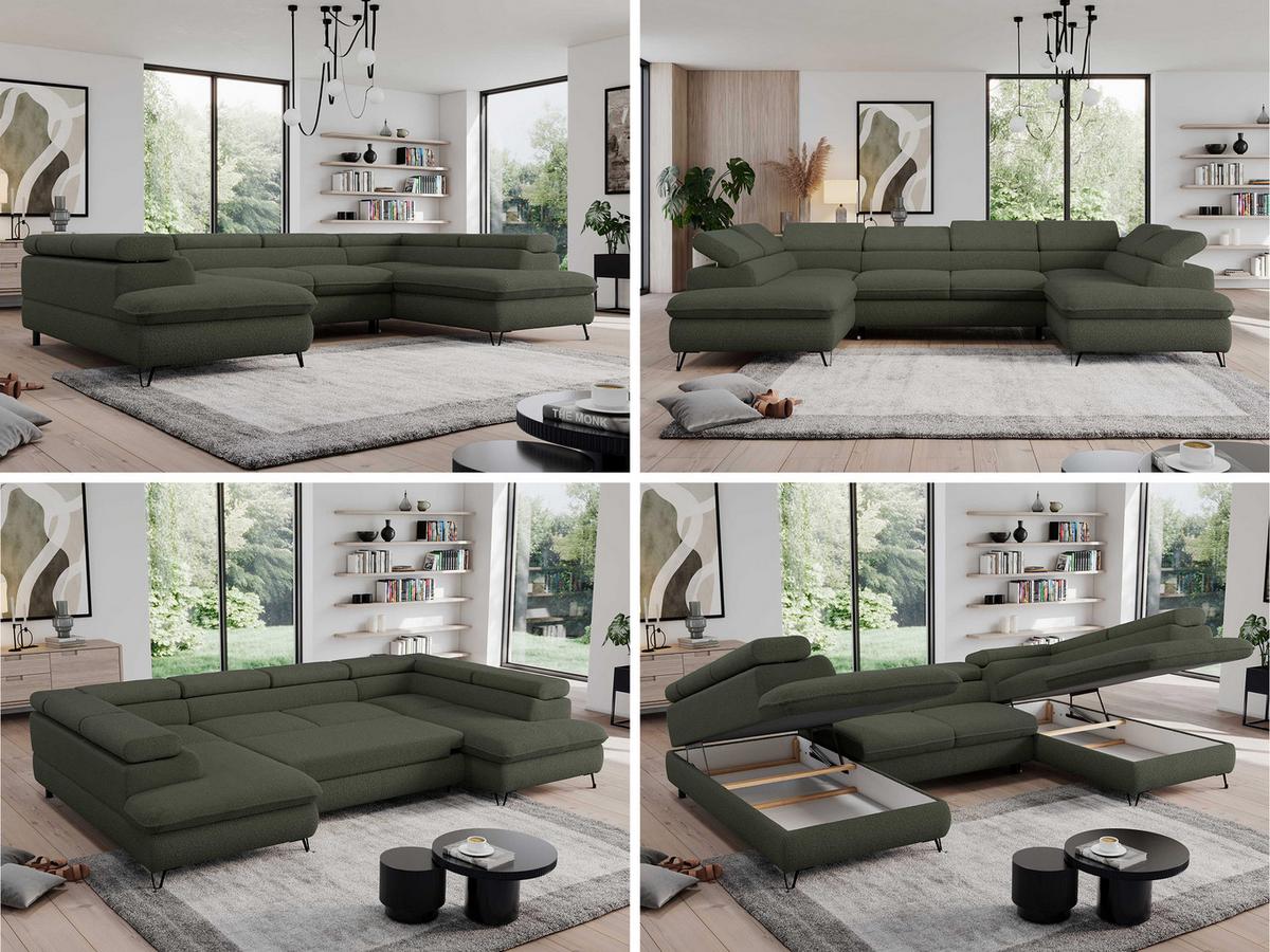 WOHNLANDSCHAFT PEDRO U Boucle Grün - Schwarz/Grün, Textil/Metall (346/76/208cm) - MKS