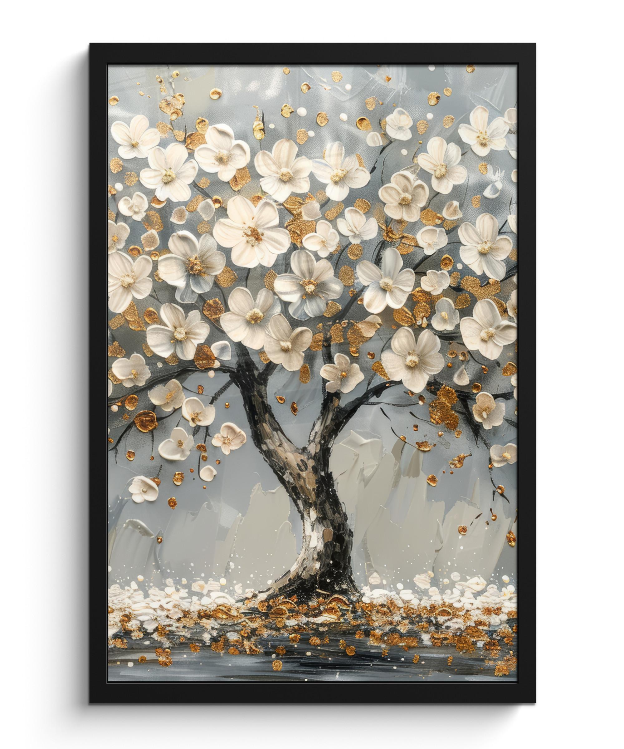 POSTER MIT RAHMEN Baum - Blumen - Weiß - Natur - Kunst Bilder mit Rahmen 40x60 cm - Weiß, Papier (40/60cm) - MuchoWow