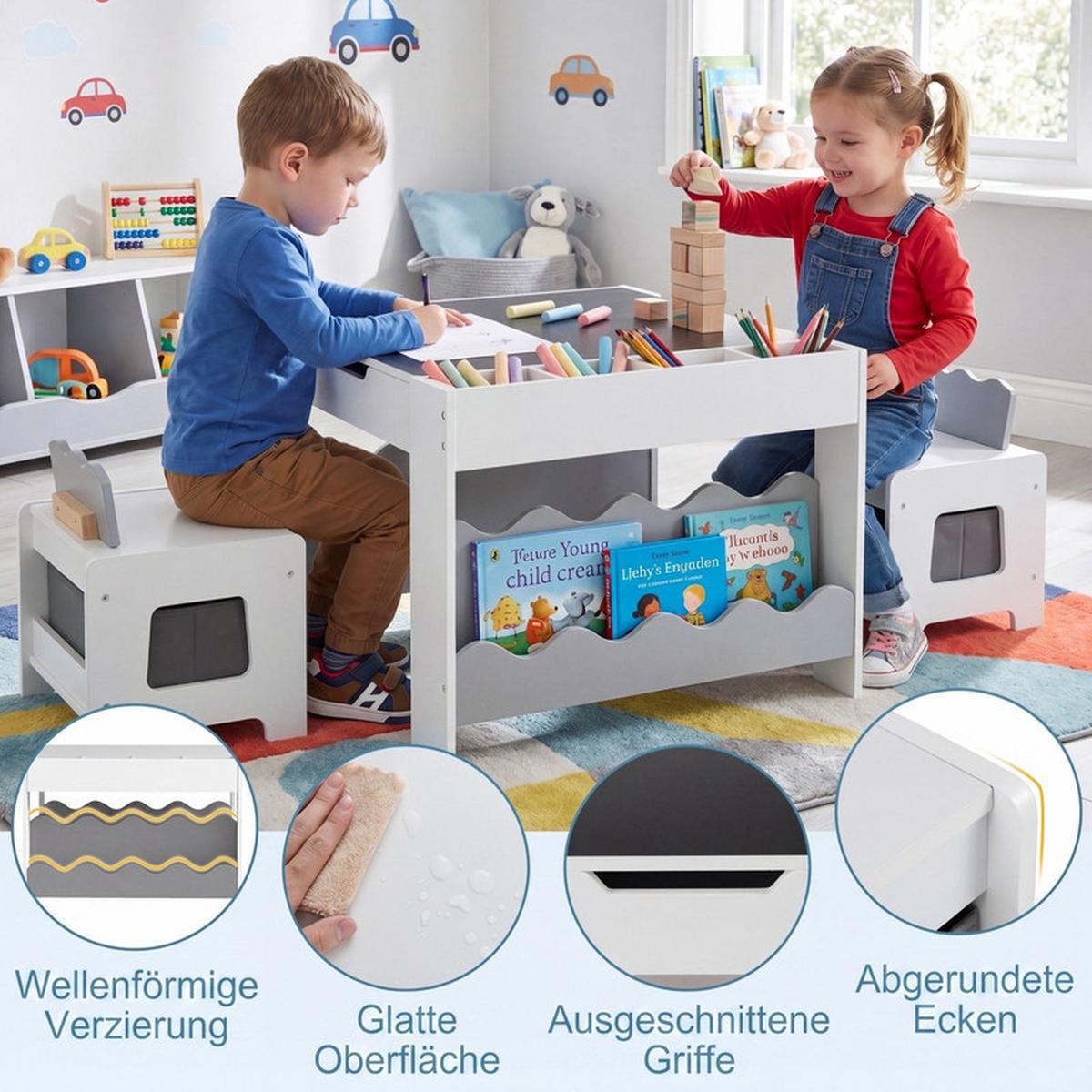 KINDERTISCH mit Stuhl grau(3-tlg) - Grau, Holzwerkstoff (66/48/64cm) - COSTWAY