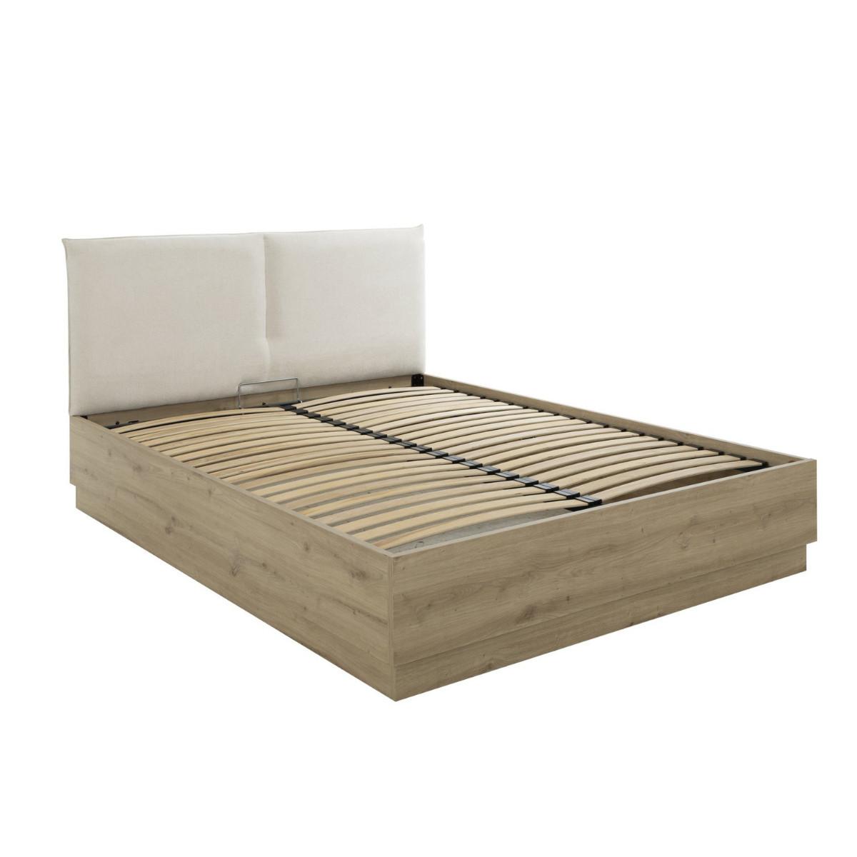 BETTKASTEN mit Kopfteil aus beigefarbenem Stoff 140 x 190 cm Dekor Eiche TIDY 145/196/101 cm - Eschefarben, Holzwerkstoff (190/140cm) - Calicosy