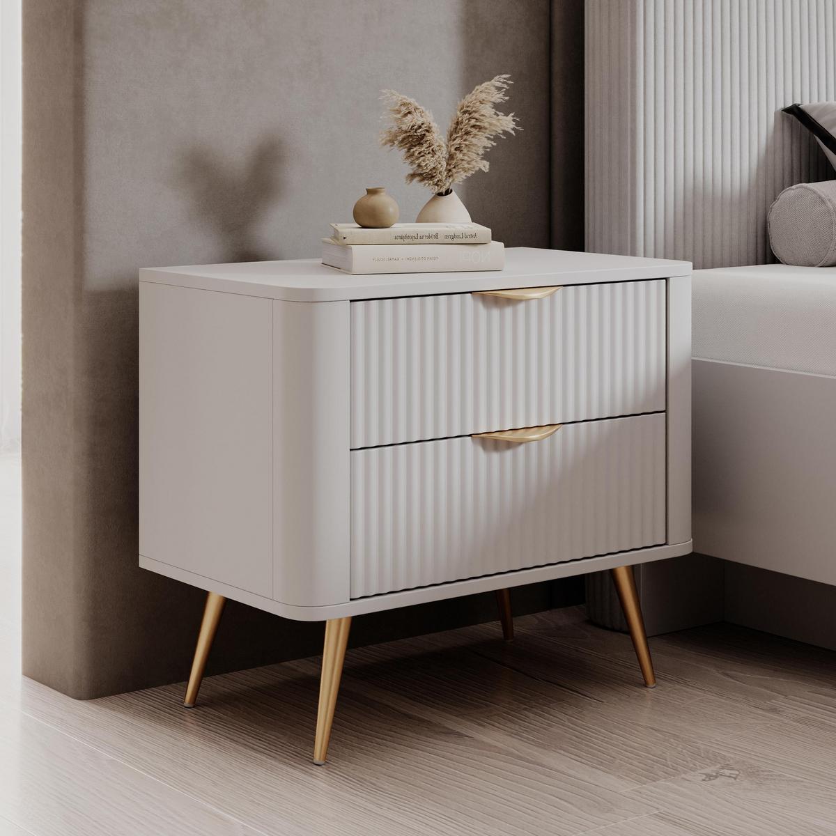 NACHTTISCH Vespasia 2S Beige 63,2/55,3/38 cm – Geriffelte Fronten - Goldfarben/Weiß, Holzwerkstoff/Metall (63.2/55.3/38cm) - AX Living