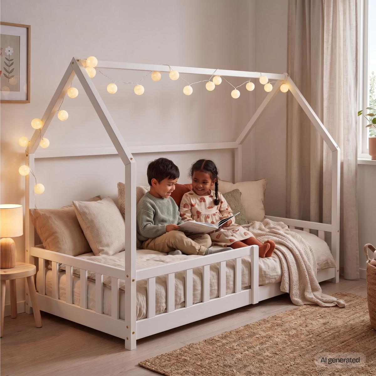 HAUSBETT Hesel - Weiß, Holz (90/200cm) - [en.casa]