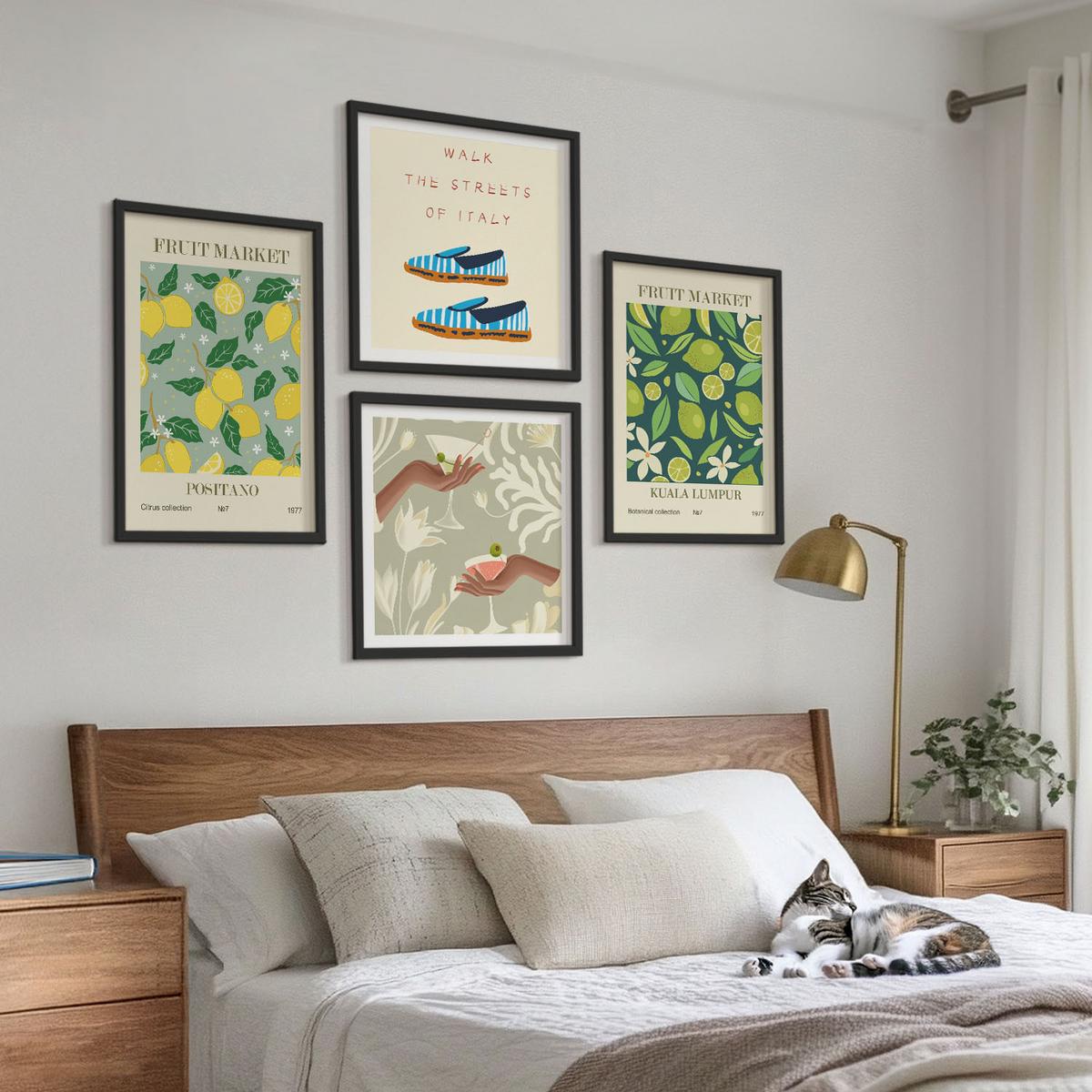 BILDER SET 4er Set - 50x50 cm & 40x60 cm Schwarzer Rahmen - Italienische Poster mit Fruchtmotiven - Schwarz, Kunststoff (50/50cm) - TULUP