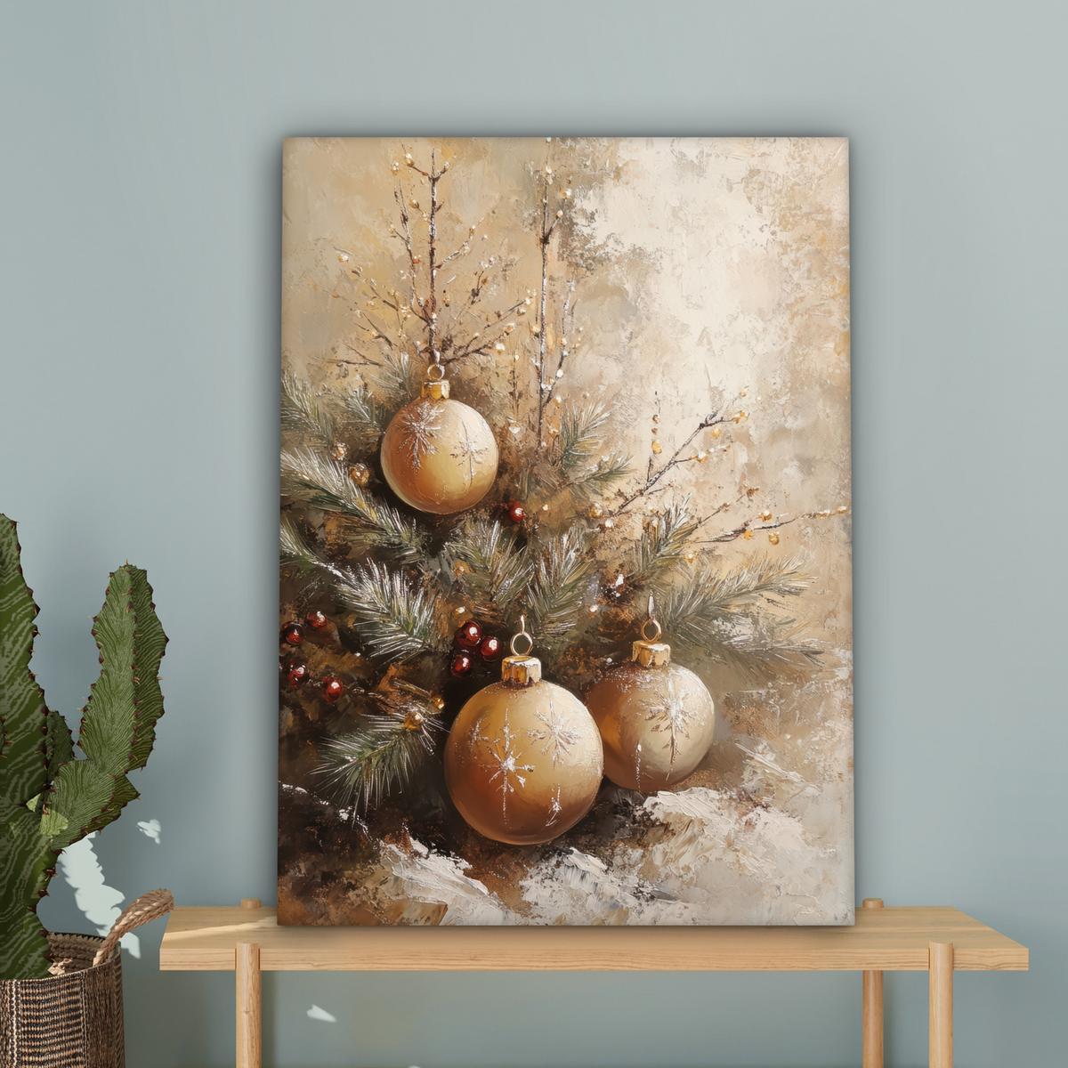 LEINWANDBILD Weihnachten - Kugeln - Beige - Gold Wandbild Wohnzimmer 60x80 cm - Goldfarben, Textil (60/80cm) - MuchoWow
