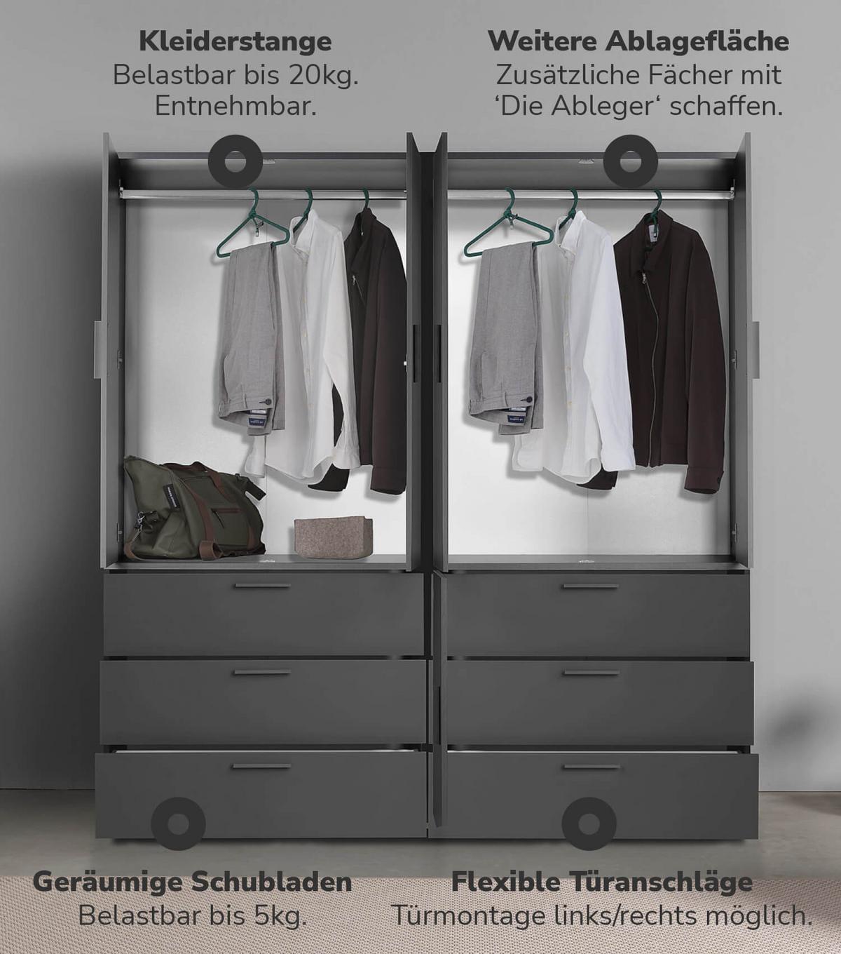 KLEIDERSCHRANK Der Grenzenlose - Anthrazit, Holzwerkstoff (180/187/58cm) - Mokebo