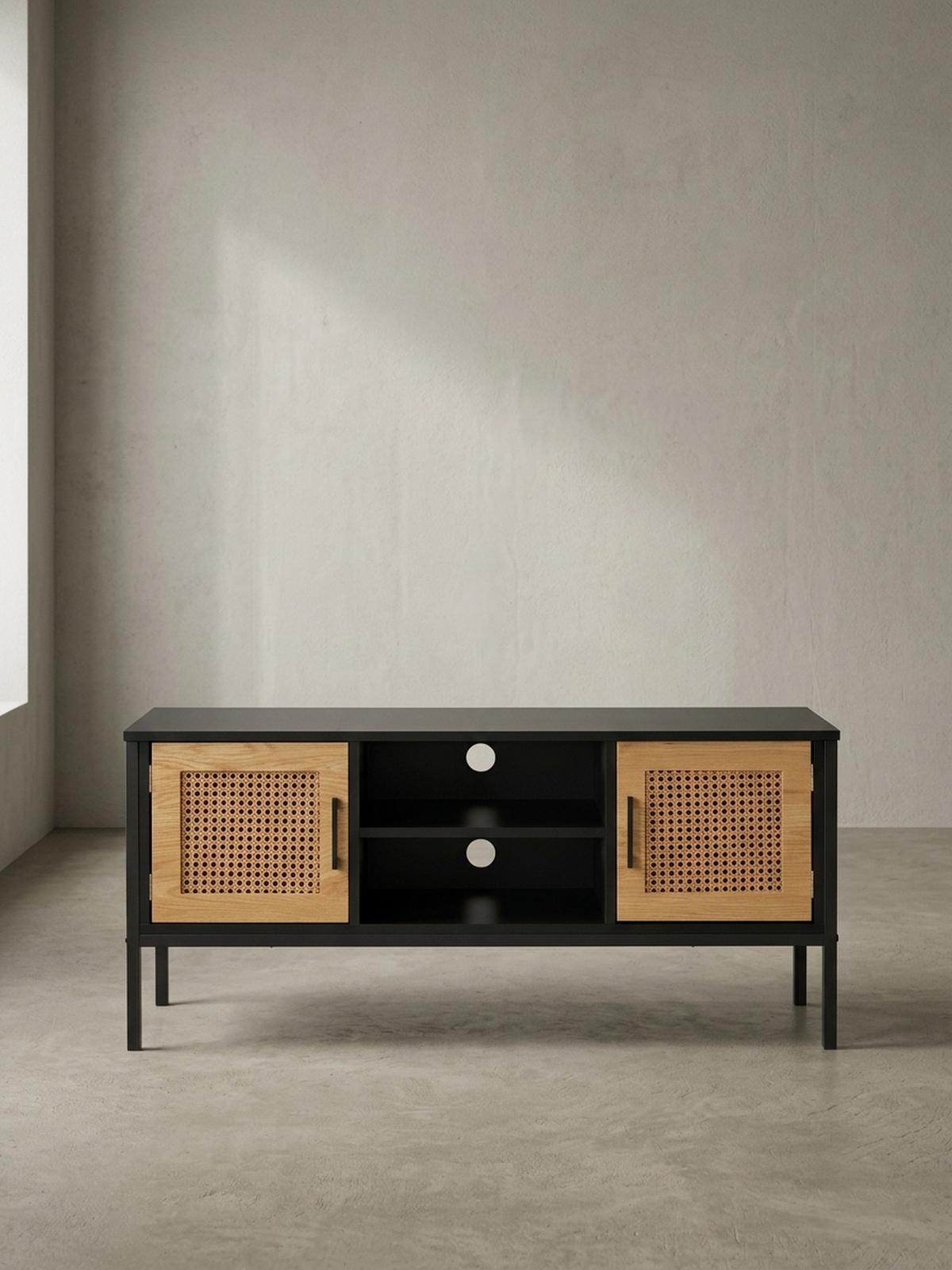 LOWBOARD Schwarz Eiche-Dekor Zeitloser Stil 110x48x40 cm mit Wiener Geflecht und Türen - Schwarz, Holzwerkstoff/Metall (110/48/40cm) - KADIMA DESIGN