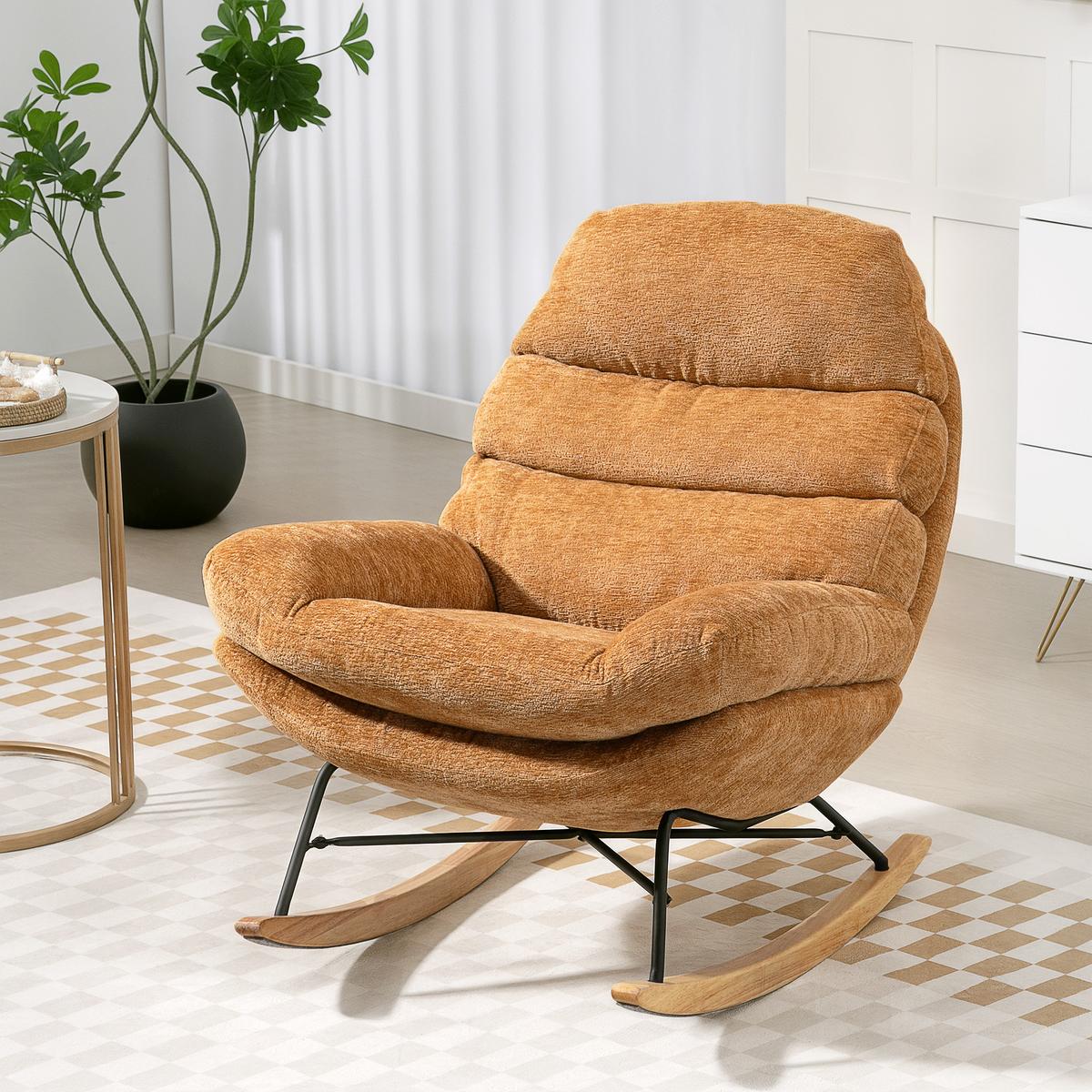 SCHAUKELSTUHL Schaukelsessel Schneidersitz mit Rückenlehne Chenille-Optik - Gelb/Creme, Textil (80/91/103cm) - HOMCOM