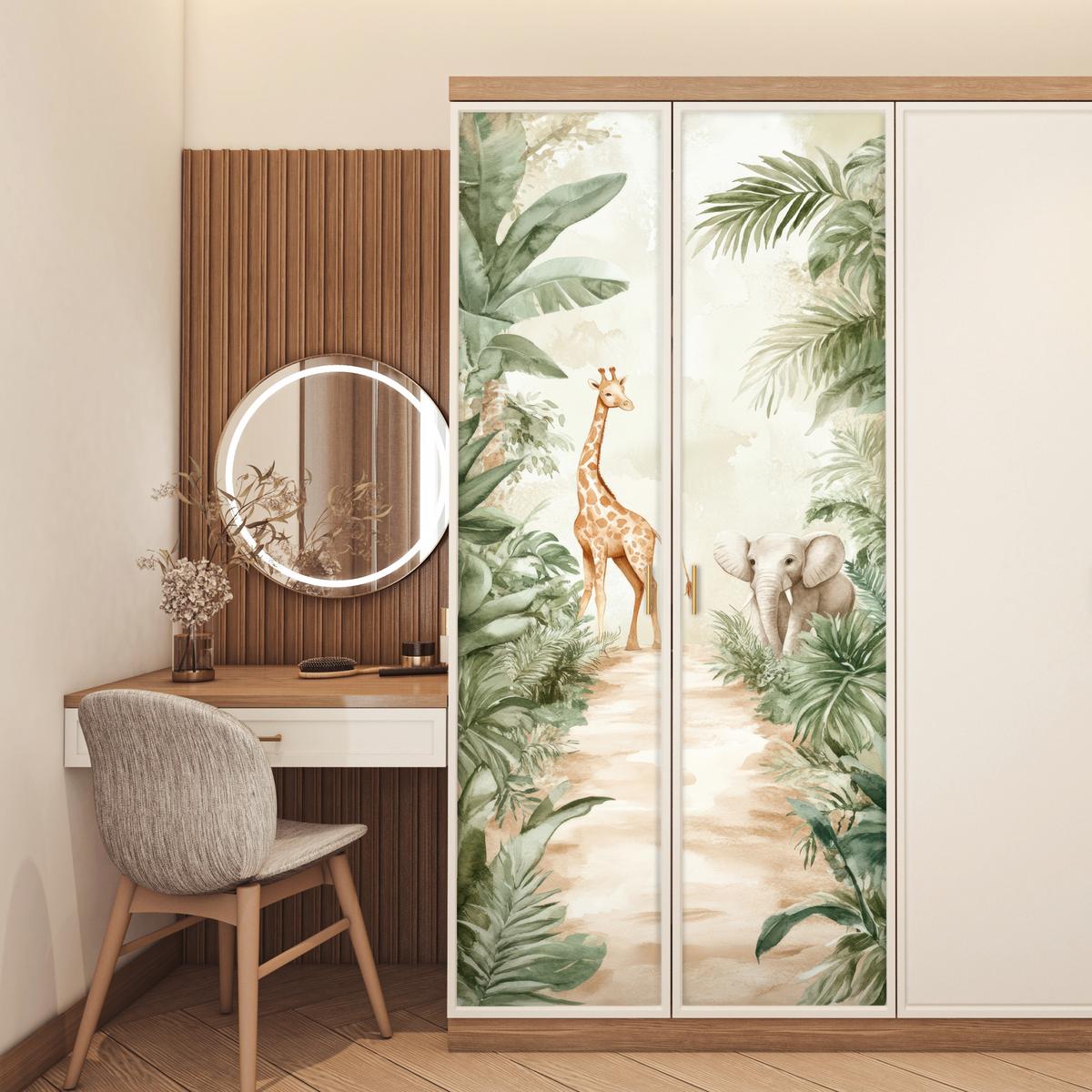 TÜRAUFKLEBER Dschungel - Giraffe - Elefant - Grün - Natur 90x215 cm - Türtapete - Eukalyptusholzfarben, Kunststoff (90/0.1cm) - MuchoWow