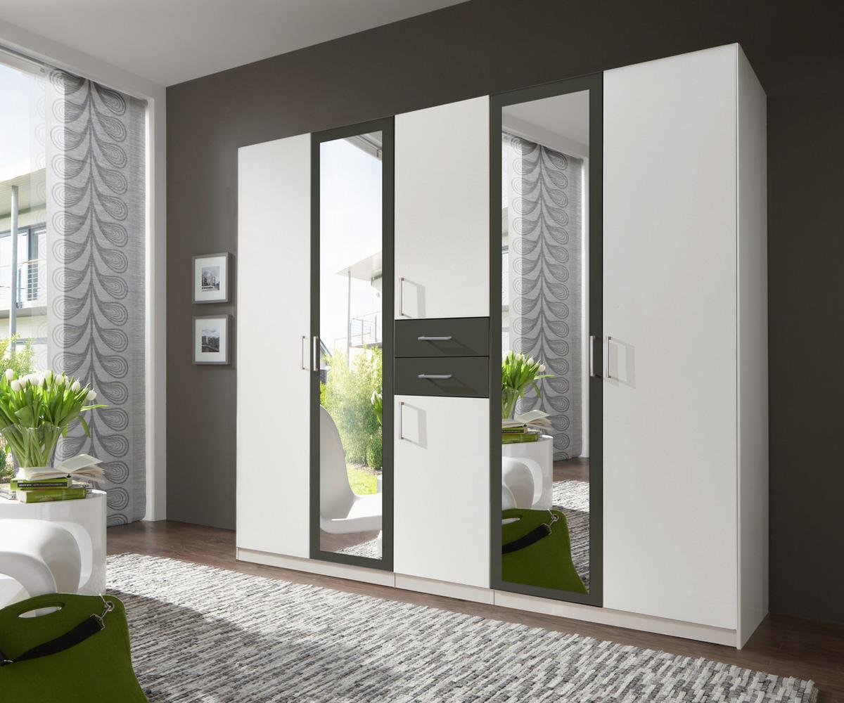DREHTÜRENSCHRANK B225/H208/T58 cm, Weiß mit Absetzungen in Grafit, Kleiderschrank mit 2 Spiegeltüren & Schubkästen / 22590 - Silberfarben/Graphitfarben, Holzwerkstoff/Kunststoff (225/208/58cm) - luma-home
