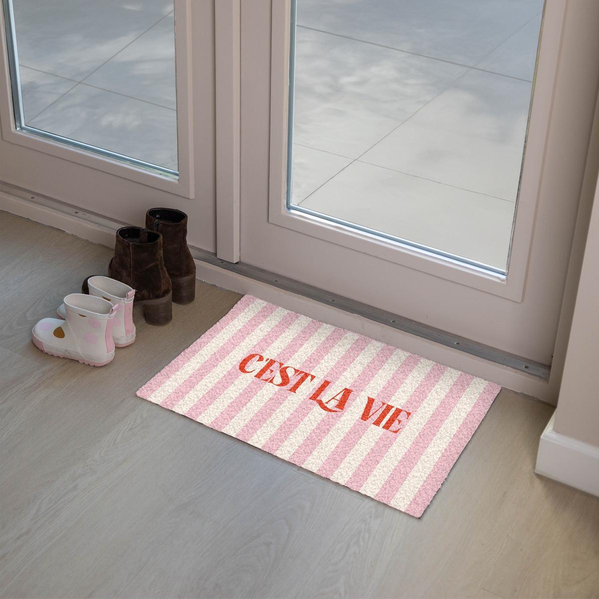 FUSSMATTE Zartrosa – Rot – Streifen – C'est La Vie 60x40 cm - Rosa, Kunststoff (60/0.4cm) - MuchoWow