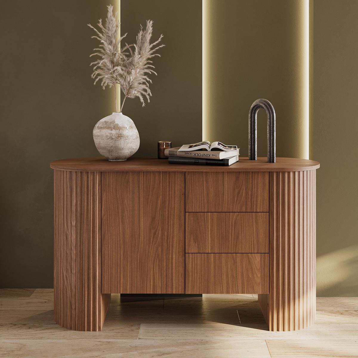 KOMMODE Carlo mit 1 Tür und 3 Schubladen, Push-To-Open, 140 cm, Walnuss - Walnussfarben, Holzwerkstoff (139/80/45cm) - Beautysofa