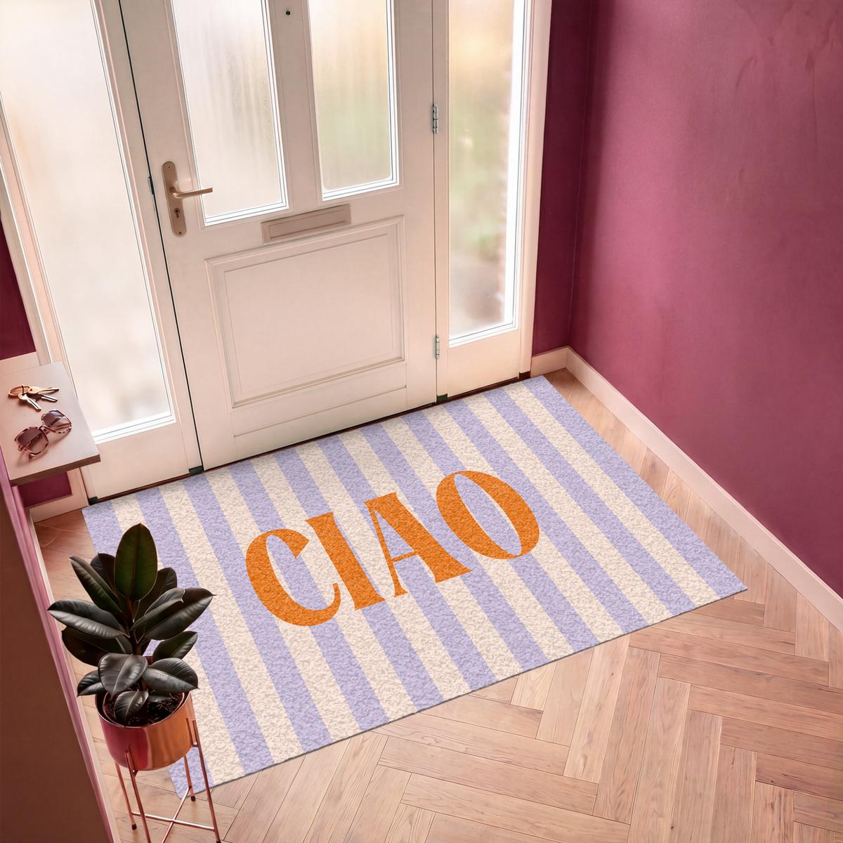 FUSSMATTE Ciao - Zitat - Pastell - Streifen Schmutzfangmatte 180x120 cm - Flieder, Kunststoff (180/0.4cm) - MuchoWow