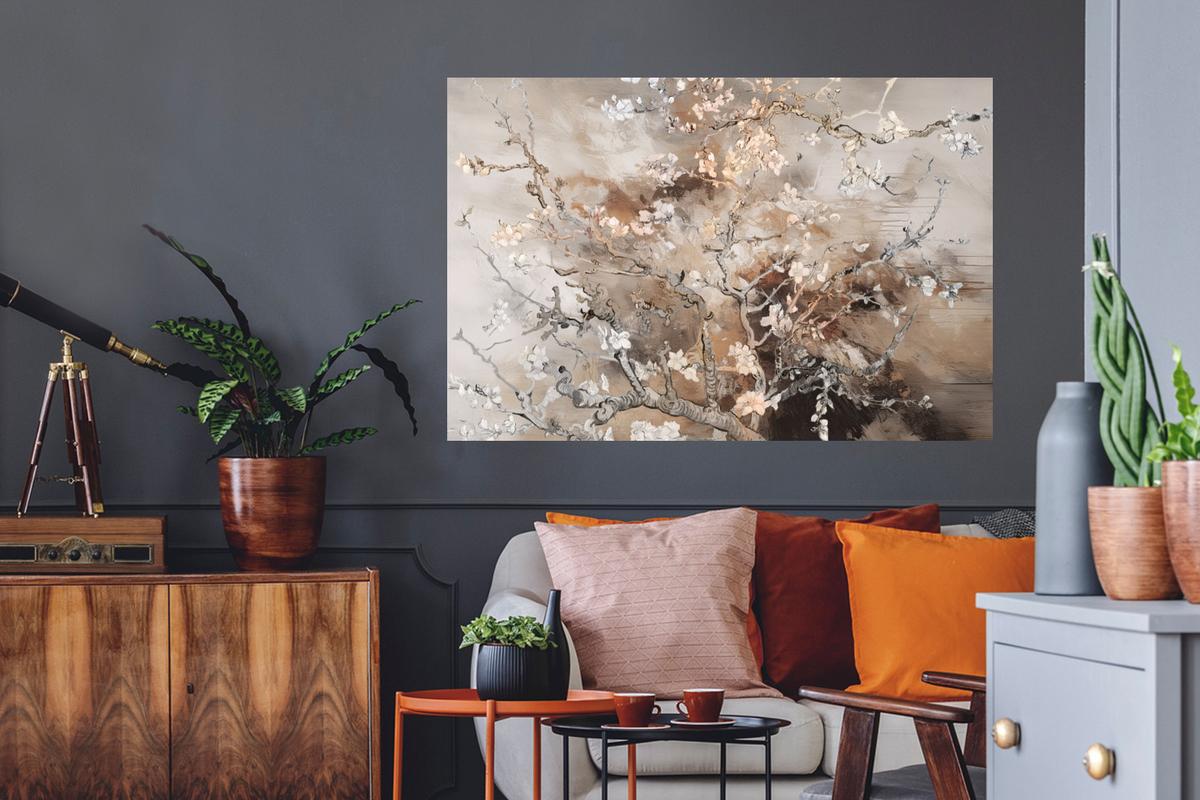 WANDTATTOO Mandelblüte - Kunst - Van Gogh - Beige - Abstrakt Wandsticker 120x80 cm - Braun, Kunststoff (120/80cm) - MuchoWow